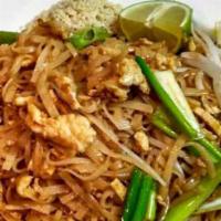 Pad Thai · Spicy. Stir-fried Thai noodles with egg, bean sprouts, dry tofu, topped with ground peanuts.