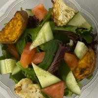 Veggie Bowl · Spring Mix Salad, Tomatoes, Cucumber, Cranberries, With (2) side - Couscous or Rice & Peas o...