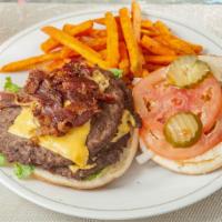 American Double Burger · Two beef burgers, cheese, onions, lettuce, tomato, ketchup, pickles, and mayo. Bacon optional.