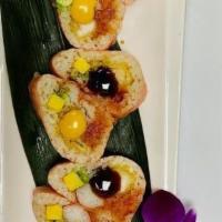 Sweet Heart Roll · Shrimp tempura, spicy crunchy tuna, kani, tamago & avocado wrapped in soy paper with chef sp...