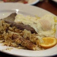 Steak And Eggs · Five ounces NY strip steak with two eggs served with home fries