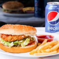 Chicken Sandwich Meal · one chicken sandwich with one order of fries and one can of soda

Boneless breaded chicken b...