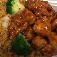 General Tso'S Chicken Combination Plate · Hot and spicy. Served with pork fried rice and egg roll or soup or soda.