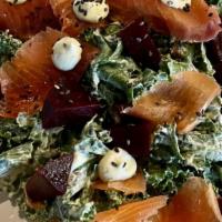 Kale Salad With Cured Salmon & Beet · kale, house-cured salmon, beet, black sesame, dill dressing