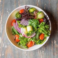 Garden Salad · Mixed greens, grape tomatoes, zucchini, red onion, radish, house dressing.