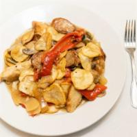 Chicken Giambotta · Tenderloins of chicken, sausage, onion, peppers, mushrooms and potatoes in a rich wine, lemo...