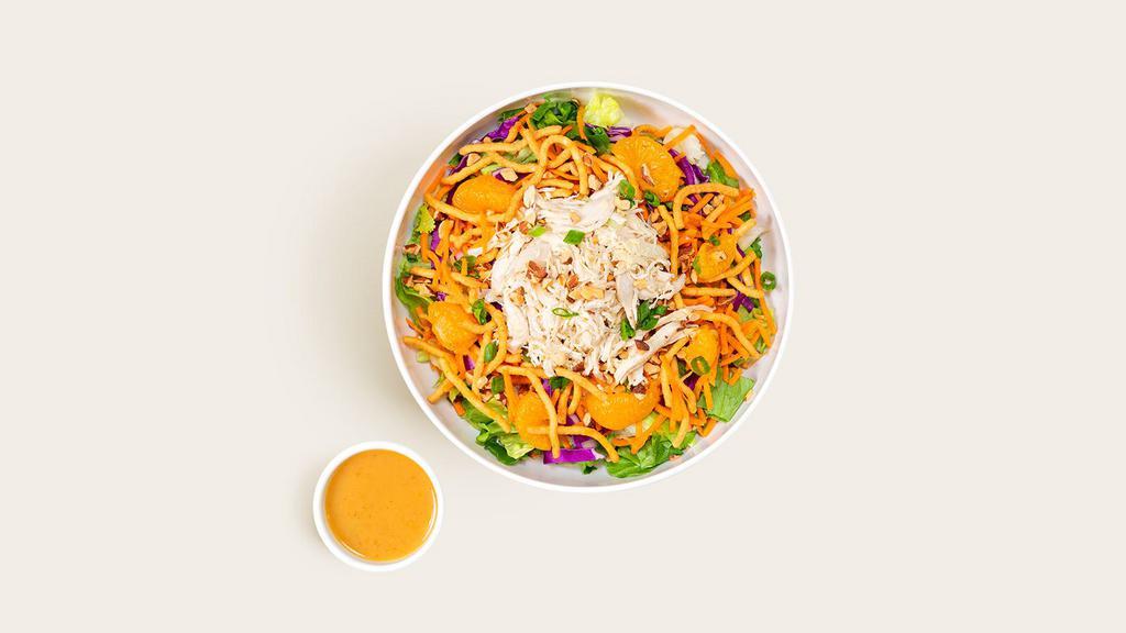 Chinese Chicken Salad · Grilled sliced chicken with shredded cabbage and carrots, chopped romaine, sliced almonds and an Asian sesame vinaigrette.
