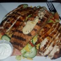 Bbq Chicken Salad · Grilled chicken breast glazed in our famous bbq sauce over mixed greens, bell peppers, cucum...
