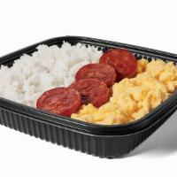 Portuguese Sausage & Egg Platter · Fluffy scrambled eggs, steamed rice and Portuguese-seasoned sausage slices