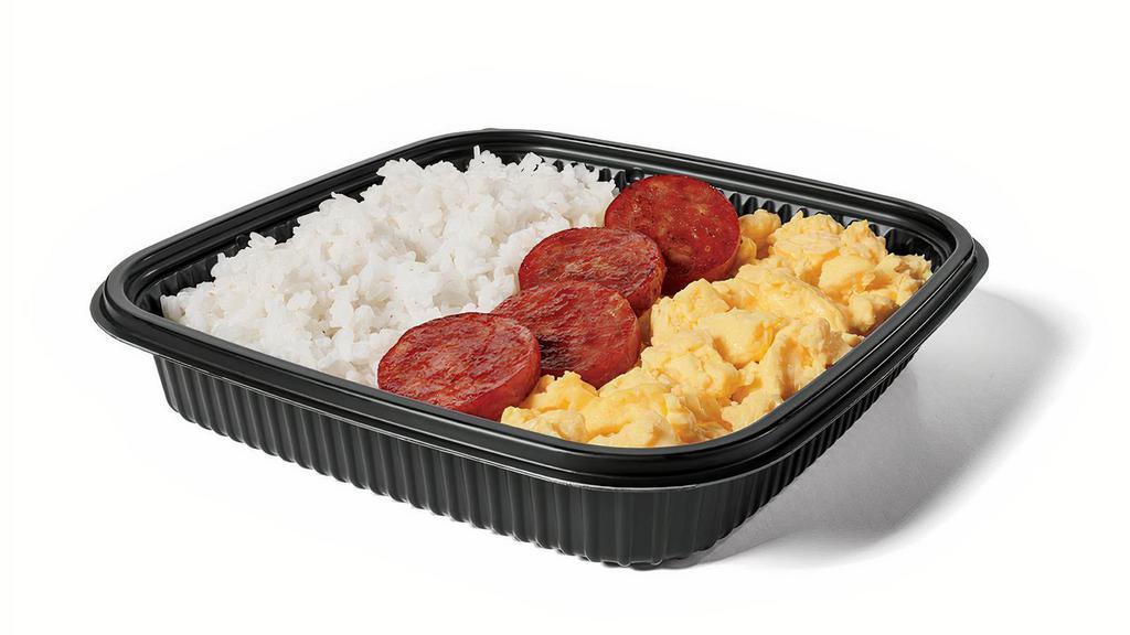 Portuguese Sausage & Egg Platter · Fluffy scrambled eggs, steamed rice and Portuguese-seasoned sausage slices