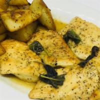 Chicken Piccata · Chicken breast cutlet with capers in a lemon and butter sauce, served with roasted potatoes.