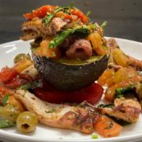 Grilled Octopus & Avocado · Arugula, lemon, peppers, olives, cherry tomato, virgin olive oil.