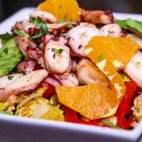 Octopus & Orange · Arugula & Romaine, roasted pepper, avocado, onions, cheery tomato, olives, herbs & lemon vin...