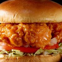 Buffalo Chicken Sandwich · Fried chicken breast with lettuce, tomato and onion on a toasted bun.
