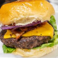 Bacon Burger · Signature beef grind patty with BB sauce, American cheese, smoked bacon, lettuce, tomato and...