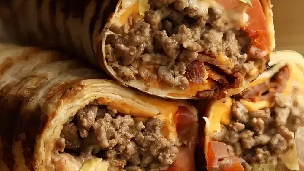 Chopped Cheeseburger Wrap · Chopped lean ground beef, onion, salt, pepper, mayonnaise, ketchup, and Sriracha hot sauce, cheese, lettuce, tomato in a wrap.