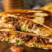 Chicken, Steak Or Shrimp Quesadillas · Flour tortillas stuffed with melted cheese, peppers & onions, served with guacamole, Salsa &...