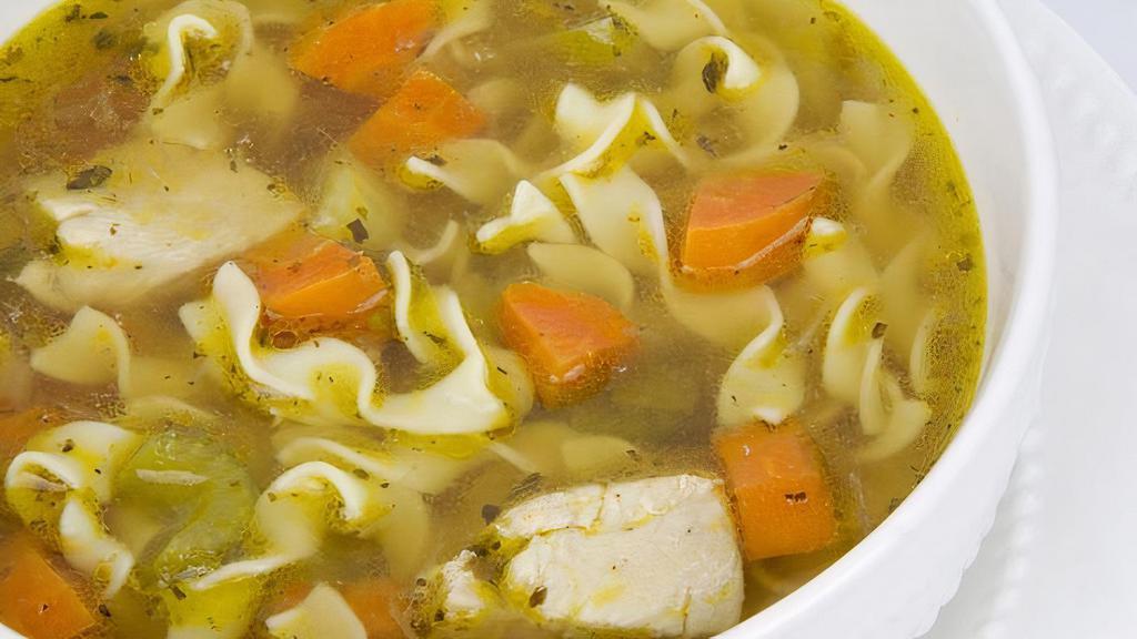 Homestyle Chicken Noodle Soup · Tender pieces of white meat chicken simmered in rich perfectly seasoned homestyle chicken bone broth with egg noodles, sliced carrots, celery and herbs.