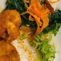Don Shrimp Bowl · a perfect starter . . . crispy panko shrimp on top of steamed white rice, sake soy glaze, pi...