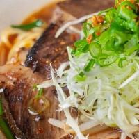 Spicy Miso Ramen · classic chicken broth, miso tare, kakuni (pork belly), cabbage, chives, & scallions, roasted...