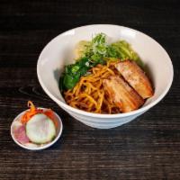 Mazemen · brothless bowl, kakuni (pork belly), cabbage, chives, scallions, tsukemono