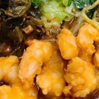 Shrimp Tempura Kimchi Ramen · classic chicken broth, shoyu & kimchi tare, topped with shrimp tempura, cabbage, scallions, ...