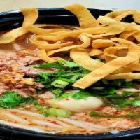 Pork Tom Yum Noodle Soup · Rice noodle, vegetable broth with lime juice minced pork, fish ball, crushed peanut, chili p...