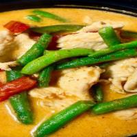 Panang Curry · Very spicy. Panang curry sauce, coconut milk, string beans, and kaffir lime leaf.