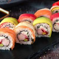The Rainbow Roll · California roll with fresh seasonal assorted fish on top.