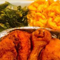 Southern Fried Chicken · Served with collard green and mac and cheese.