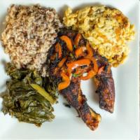 Atlantic Salmon · Served with wild rice and collard greens.
