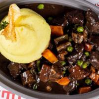Boeuf Bourguignon · Braised Beef in Red Wine, Mushrooms, Haricots Verts, Carrots, Mashed Potatoes.