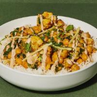 Coconut Chickpea Curry · Braised chickpeas, spinach, roasted cauliflower, tamarind-tahini, ginger