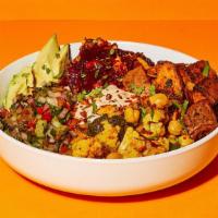 Complete Macro Bowl · Cauli-quinoa salad, tamarind lime beets, roasted sweet potatoes, coconut chickpea curry, avo...