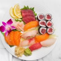 Sushi Sashimi Combo · Five pieces of chef's choice of sushi, eight pieces of sashimi, and a tuna roll.