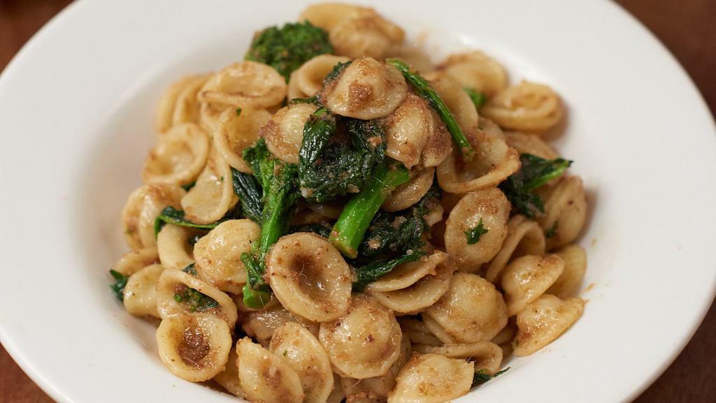 Orecchiette Cime Di Rapa E Acciughe · orecchiette pasta with broccoli rabe, anchovies, bread crumbs, garlic and olive oil