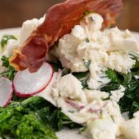 Burrata · Marinated Broccoli Rabe, Pickled onion and Radish salad, Honey-thyme drizzle, Crispy Prosciu...