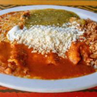 2 Four-Cheese Enchiladas · 4 cheeses covered with salsa verde, red chile sauce and crema. Served with red rice and bean...