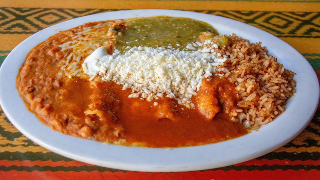 2 Four-Cheese Enchiladas · 4 cheeses covered with salsa verde, red chile sauce and crema. Served with red rice and beans. Comes with tortilla chips and homemade salsa.
