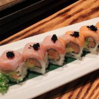 Triple Belly Roll · Salmon avocado with spicy crunch inside,topped with Toro, Salmon Belly, Yellowtail Belly & b...