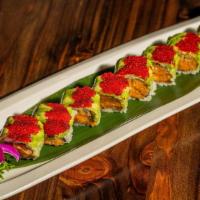 Volcano Roll · Spicy salmon crunch topped with avocado and tobiko.
