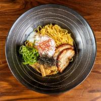 Abu Ramen · Dry style noodle, soy sauce, pork chashu, bamboo shoots, poached egg, scallion.