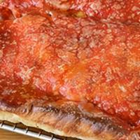 Upside Down Pie · Fresh Mozz Under our Sweet Sauce on Sicilian Crust