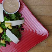 Spinach Salad · Spinach, fresh mozzarella, diced pineapple, cranberries with balsamic dressing. Add grilled ...