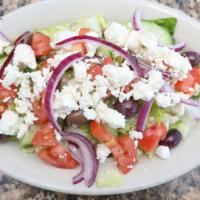 Greek Salad · Romaine lettuce, black olive, tomato, red onion, cucumber and feta.
