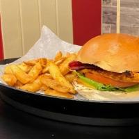 Honey Mustard Chicken Sandwich · Something on the Simpler Side, Honey mustard, bacon, lettuce & tomatoes.