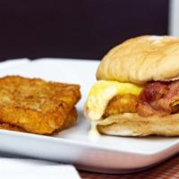 Jersey Burger · Bacon, egg, cheese,and  hash brown.