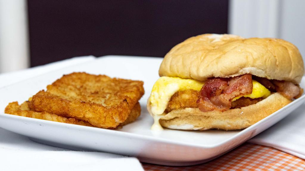 Jersey Burger · Bacon, egg, cheese,and  hash brown.