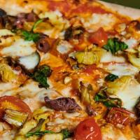 Vegetariana Pizza · Fresh mozzarella, tomato sauce and mixed vegetables. Vegetarian.