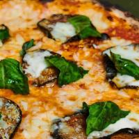 Parmigiana Pizza · Fresh mozzarella, tomato sauce, eggplant, shaved Parmesan and basil.